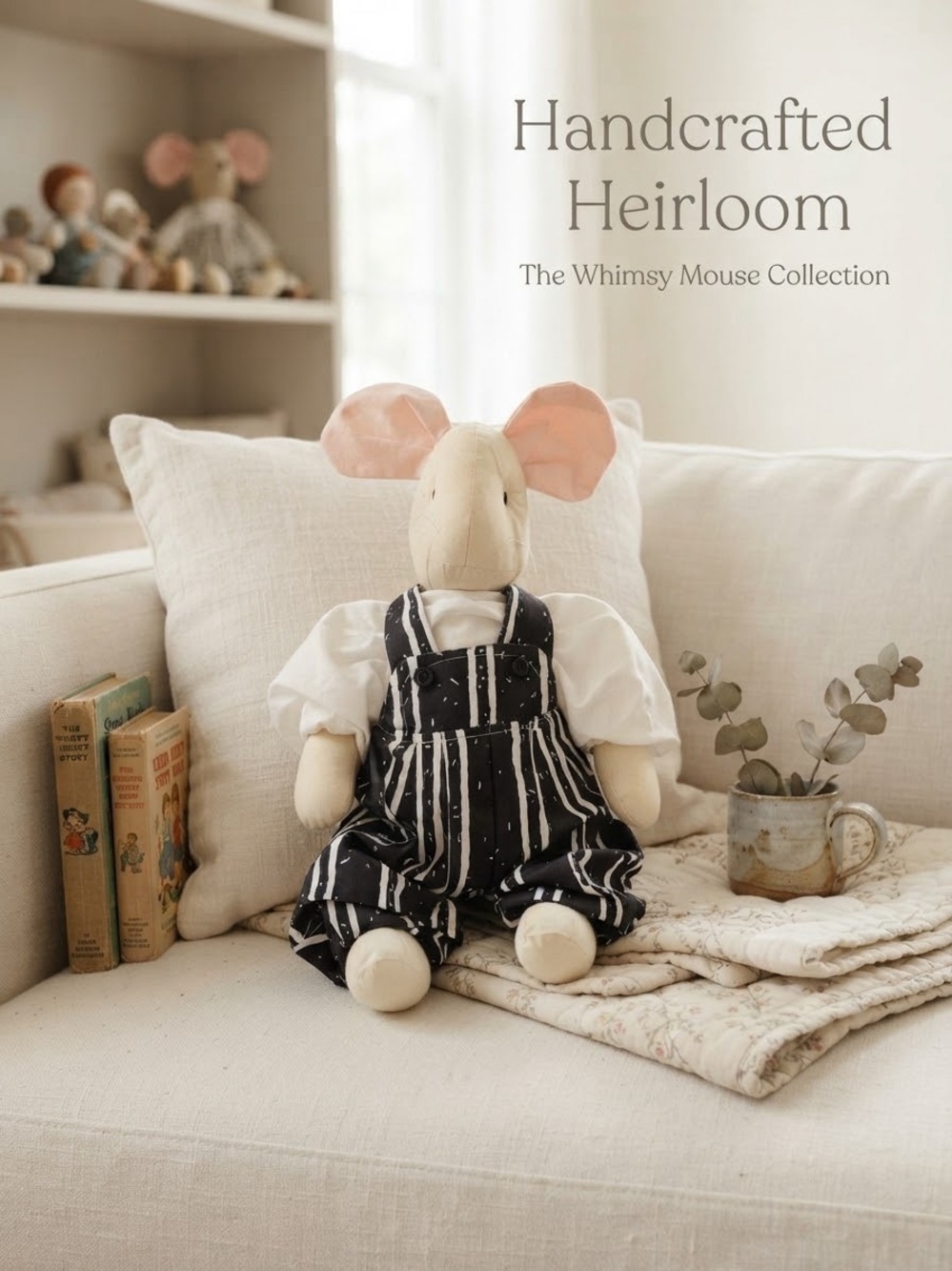 Handmade Fabric Mouse Doll Stuffed Animal with Overalls & Pink Ears